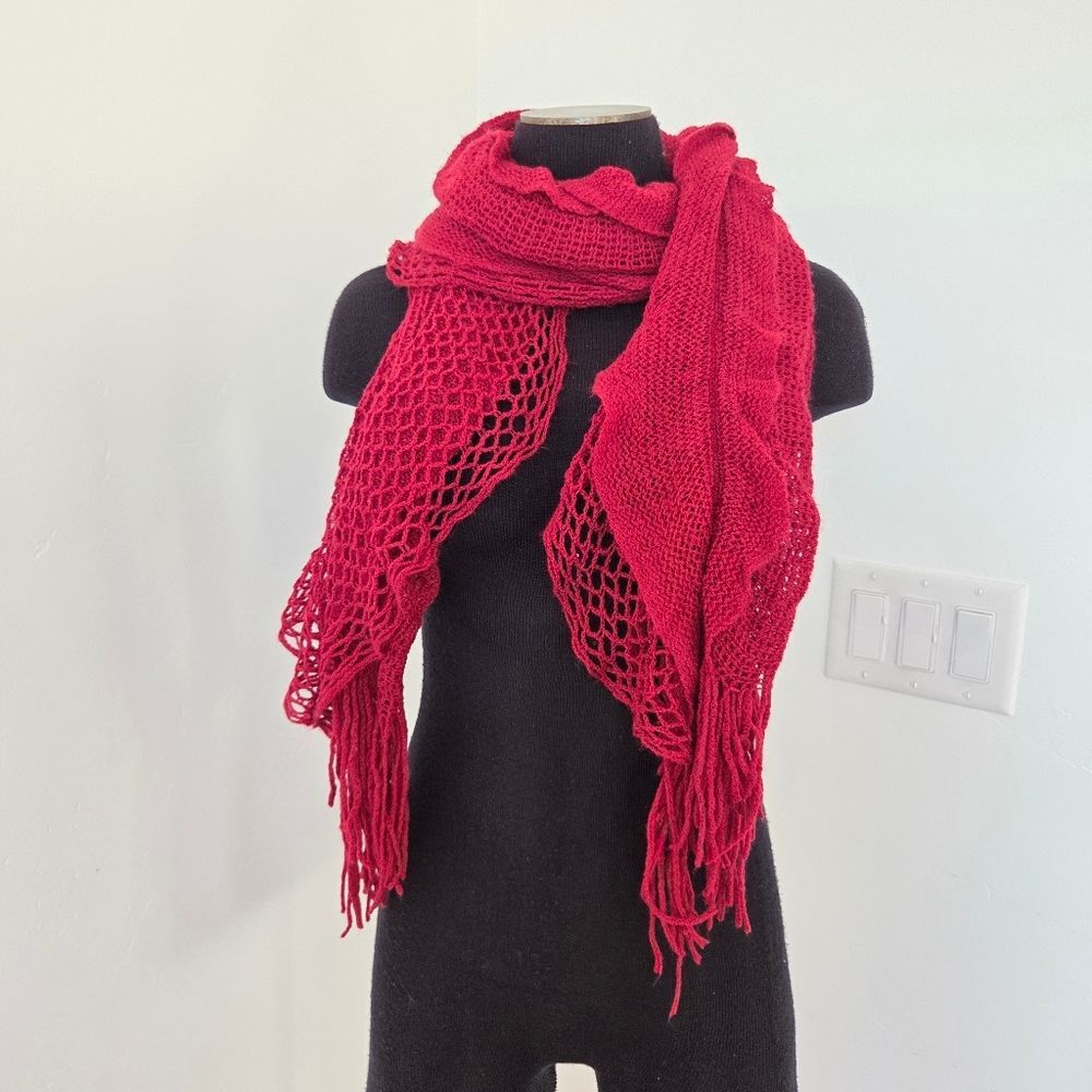 Women's Boho Style Scarf Magenta Pink Fringe Frayed Winter Chic Crochet Knit